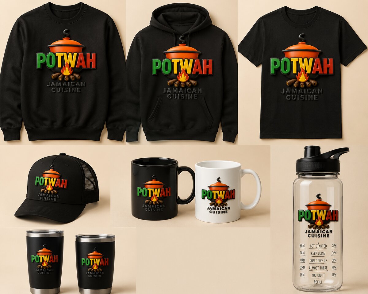 Potwah Jamaican Cuisine branded merchandise — caps, hoodies, tees, mugs, and tumblers
